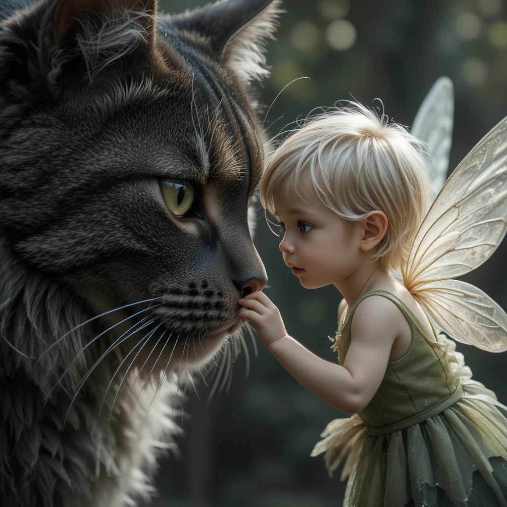 巨大なキジトラ猫の鼻に触れる小さな妖精の少年