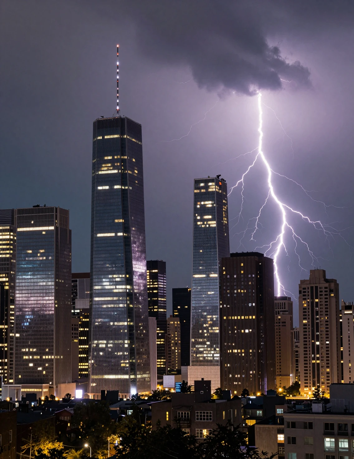 City skyline lit by lightning during a powerful thunderstorm