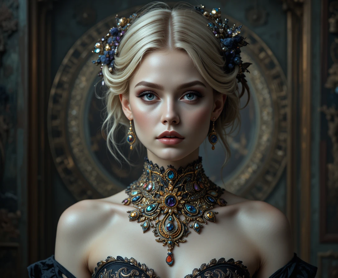 Ethereal blonde witch in jeweled gown and celestial choker