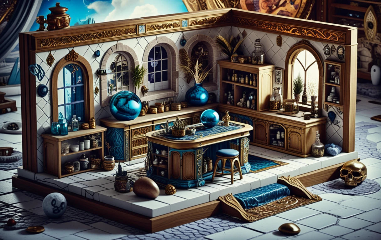 Diorama isométrico 3D de casa em uma ilha flutuante de fantasia