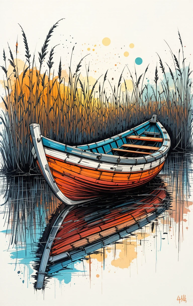 Barco de pesca em line art expressivo com casco colorido e envelhecido