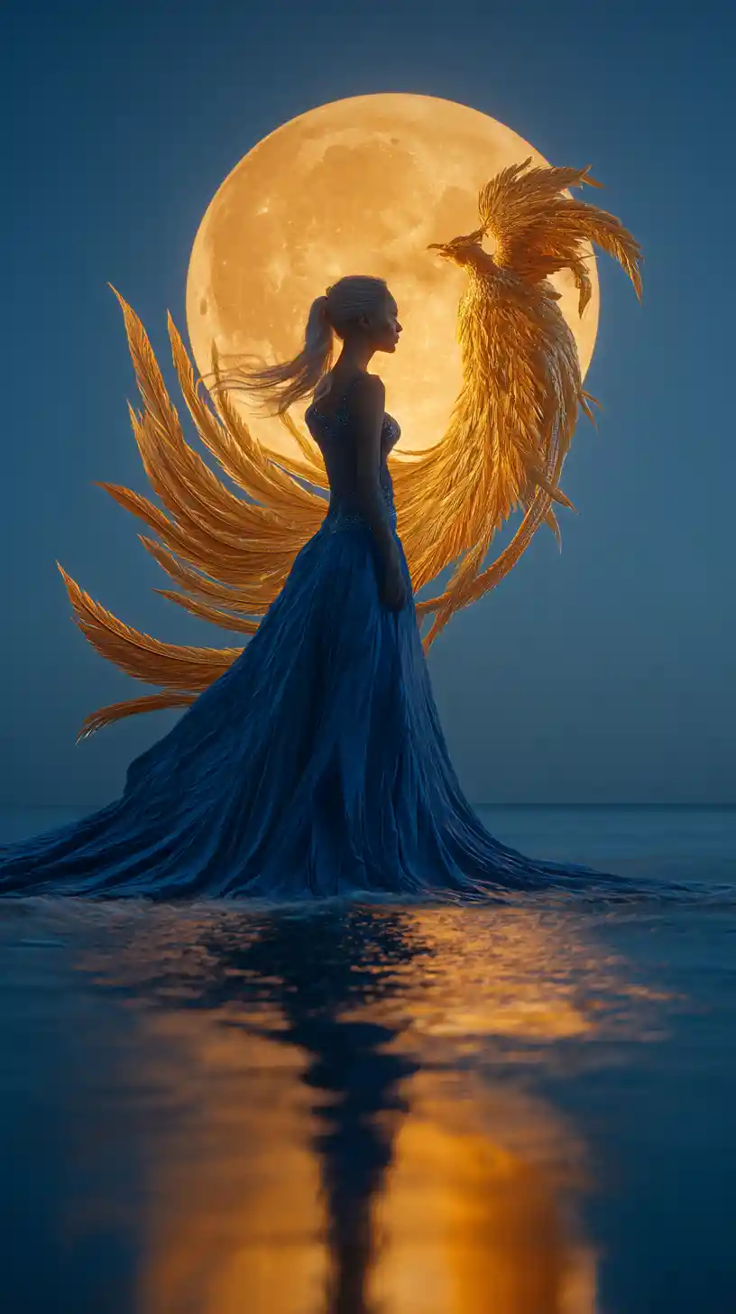 Donna in abito zaffiro sul mare al chiaro di luna con fenice