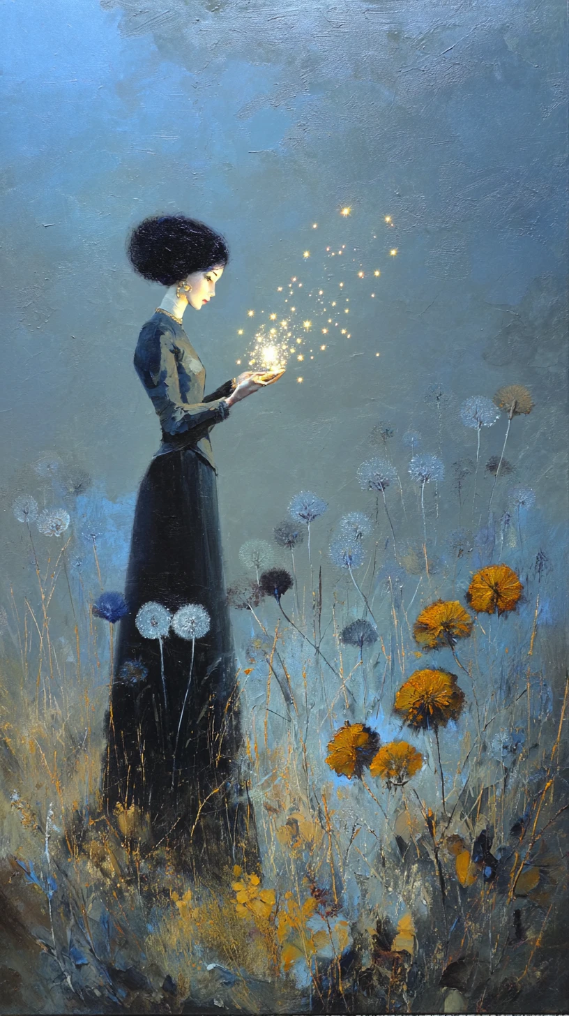 Mystical woman collecting glowing stars in a surreal meadow