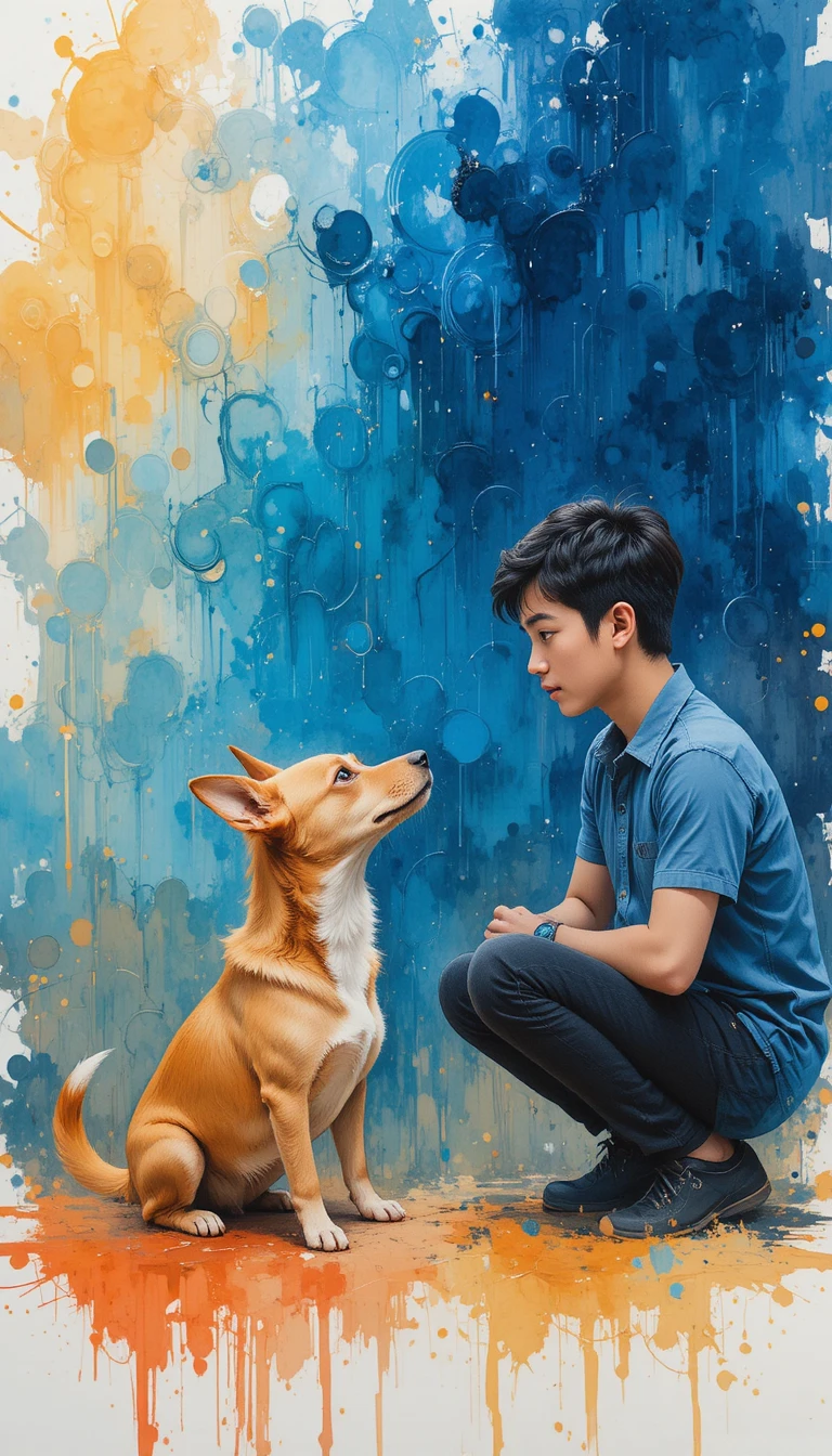 Young man leaning toward a brown dog in watercolor art