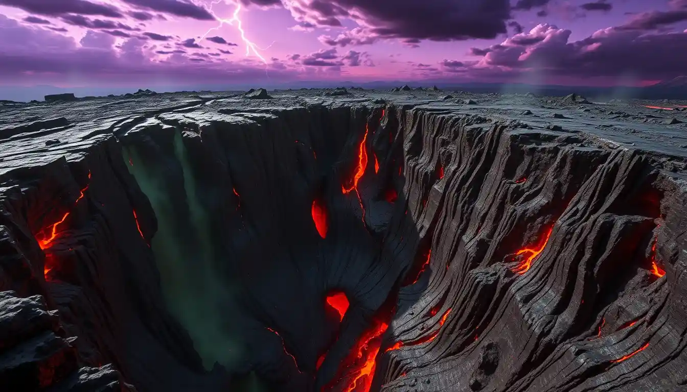 Vertigo view into a glowing alien volcano crater