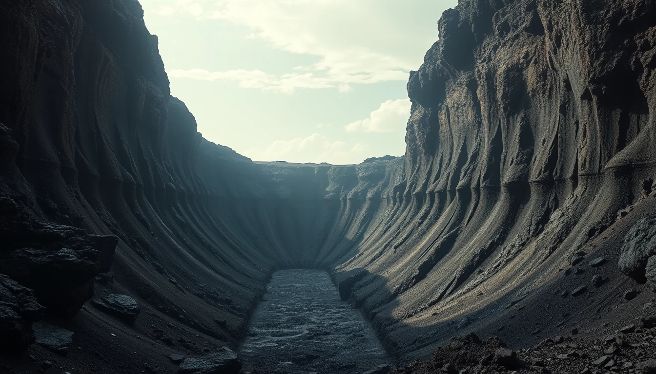 Extinct alien volcano crater with sheer basalt walls
