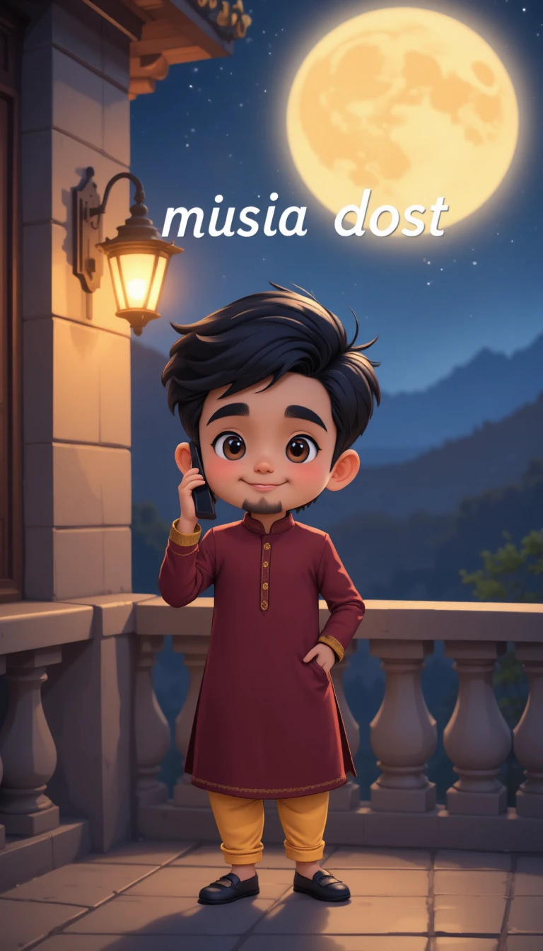 Cartoon boy talking on phone on balcony at night