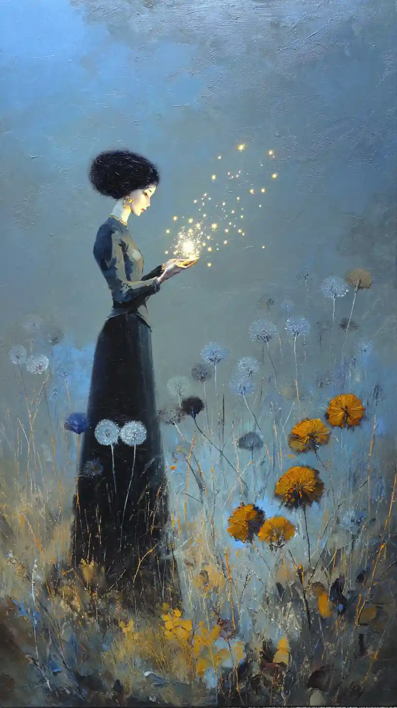 Mystical woman collecting glowing stars in a surreal meadow