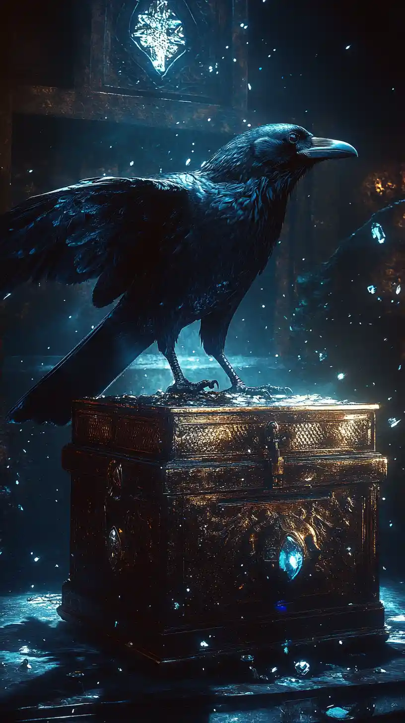 Corvo guardando um baú de tesouro com joias em um cofre escuro