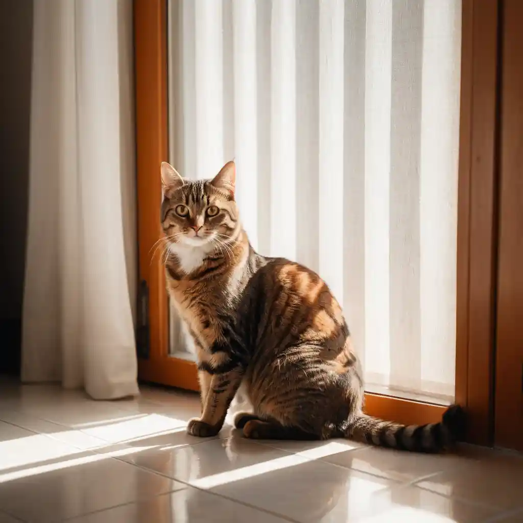 明るい窓から差し込む日差しを見つめるキジトラ猫