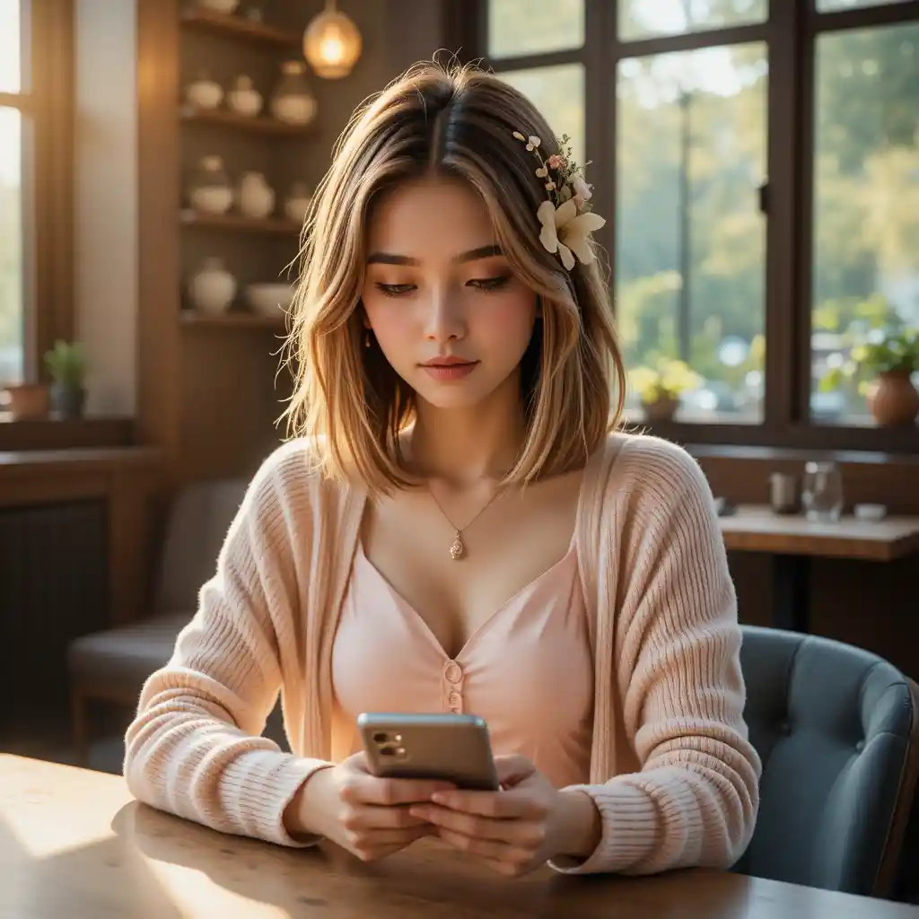 Young woman on smartphone in warm vintage cafe light