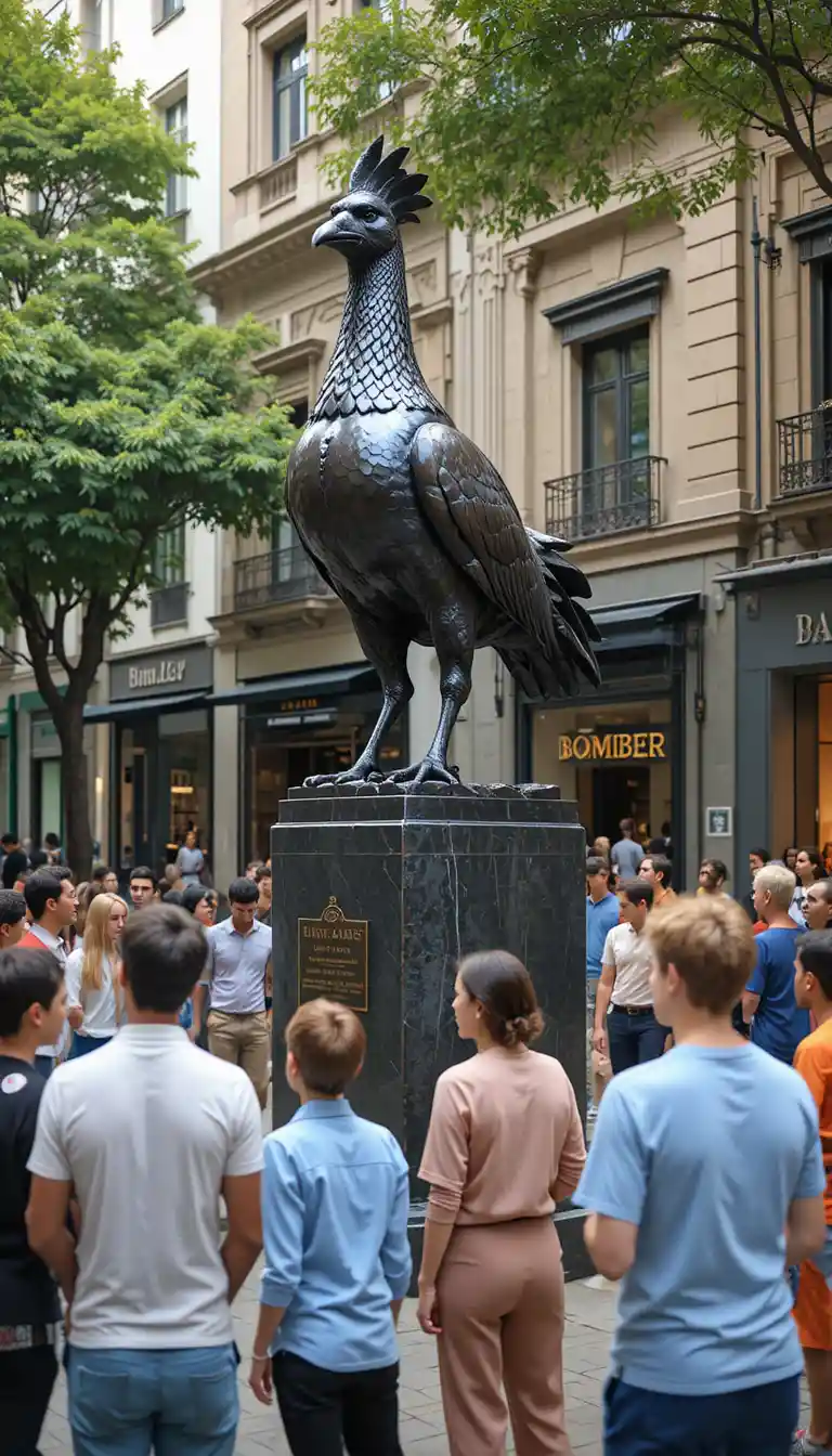 Statua di gallo in bronzo su piedistallo ammirata nella piazza cittadina