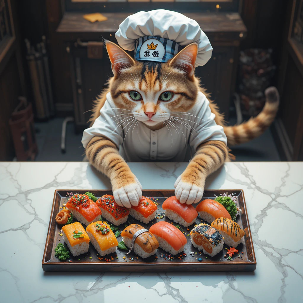 Whimsical anime cat chef arranging colorful sushi from above