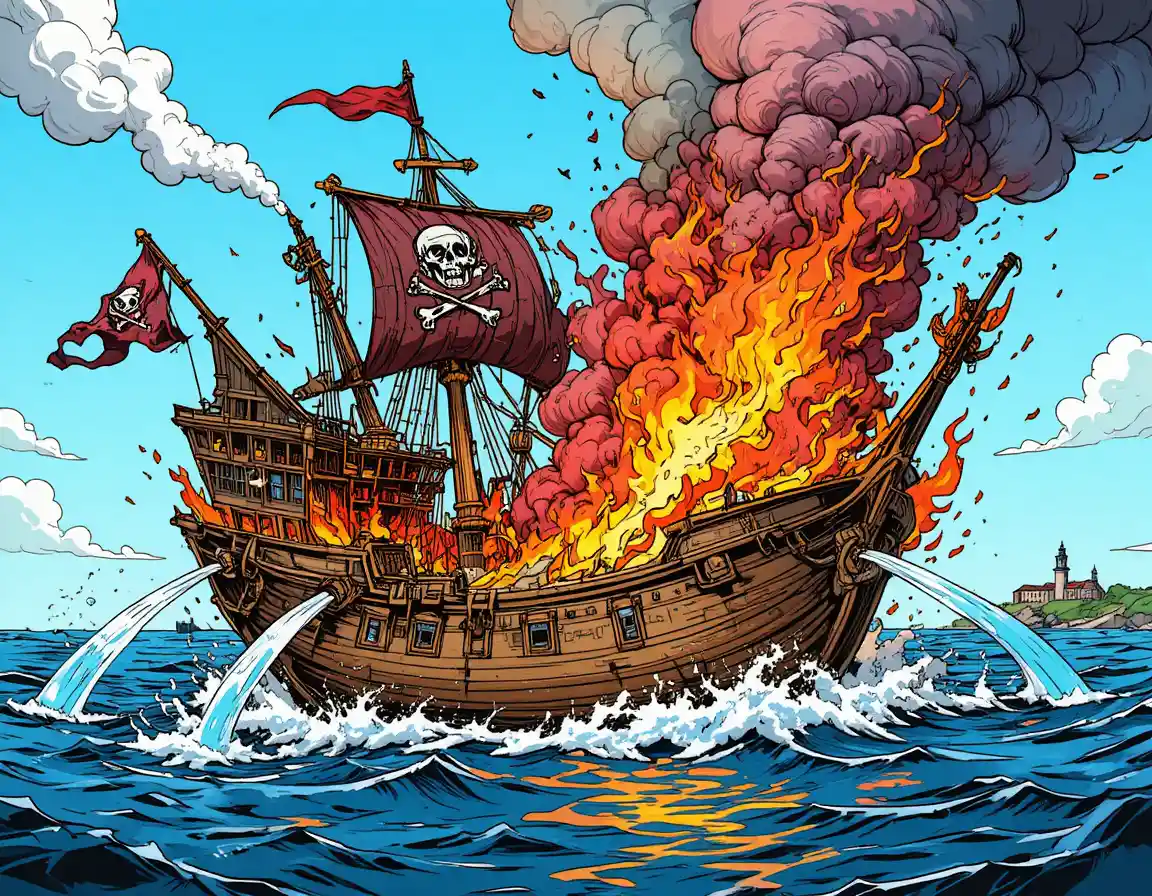 Barco pirata de cómic envuelto en llamas sobre un mar azul en calma