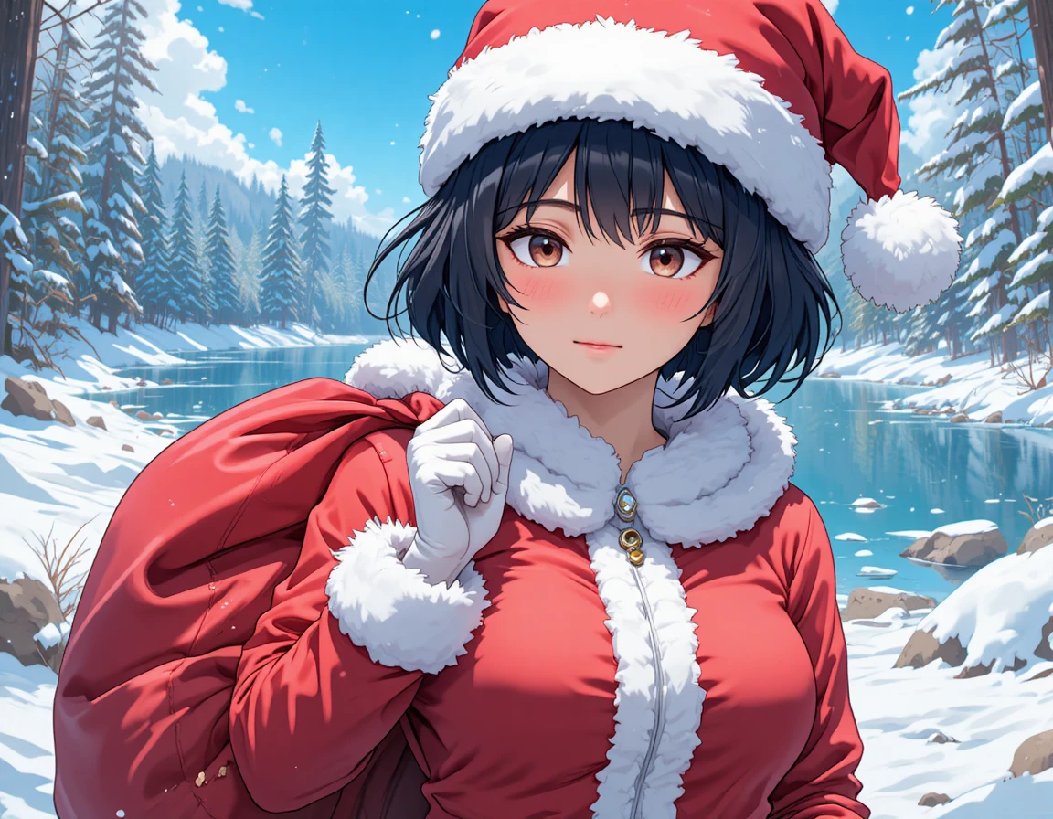 Anime girl in santa outfit walking through snowy forest