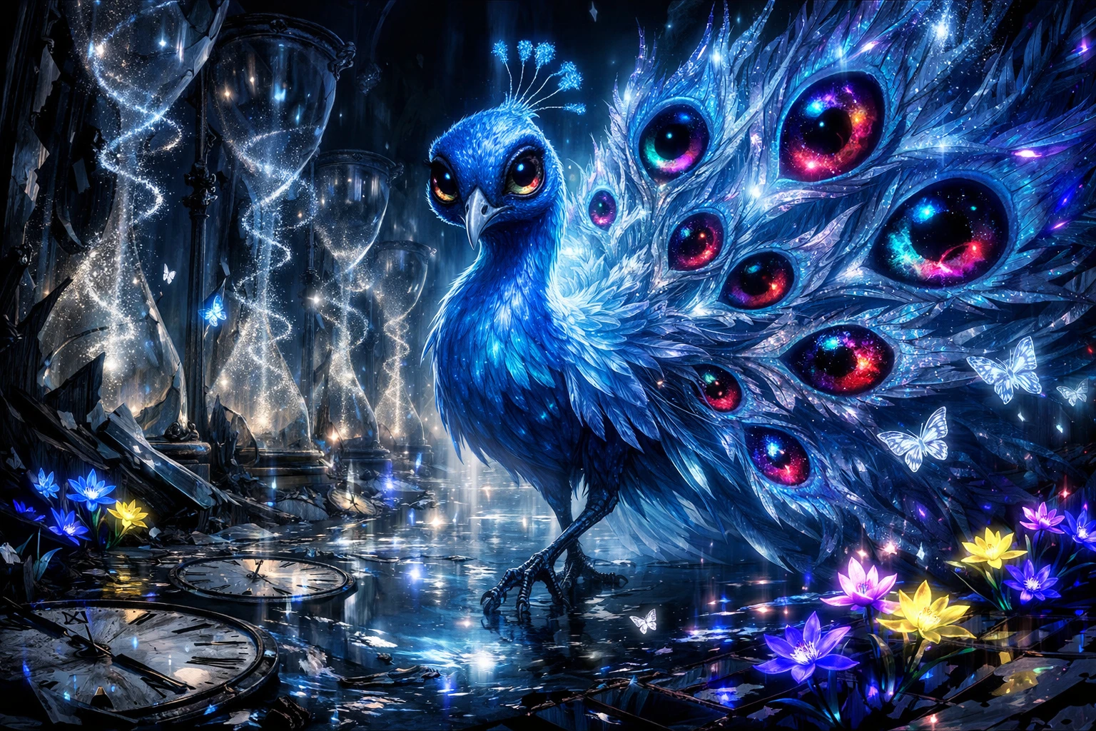 Pavão gótico caminhando por salão surreal de ampulhetas estilhaçadas