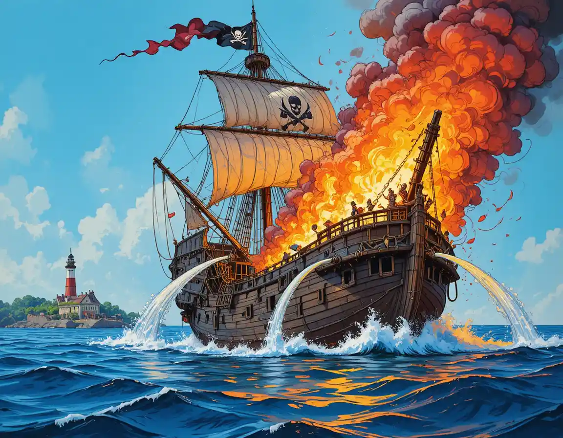 Barco pirata de cómic envuelto en llamas sobre un océano azul