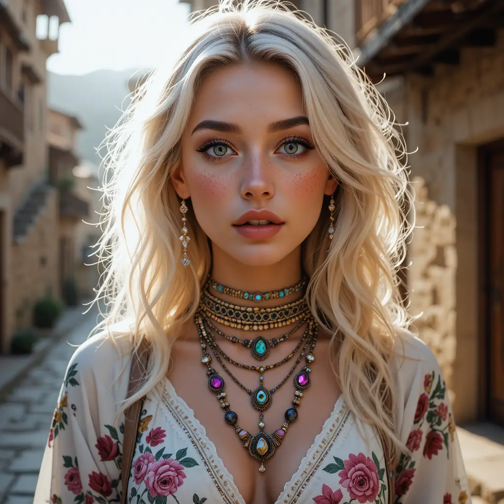 Surprised blonde girl in a rustic village street