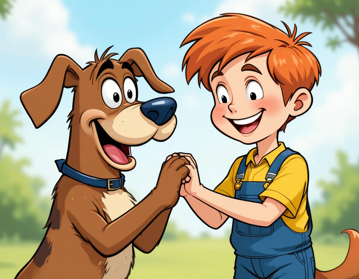 Cheerful Cartoon Boy Shaking Paws With Goofy Brown Dog