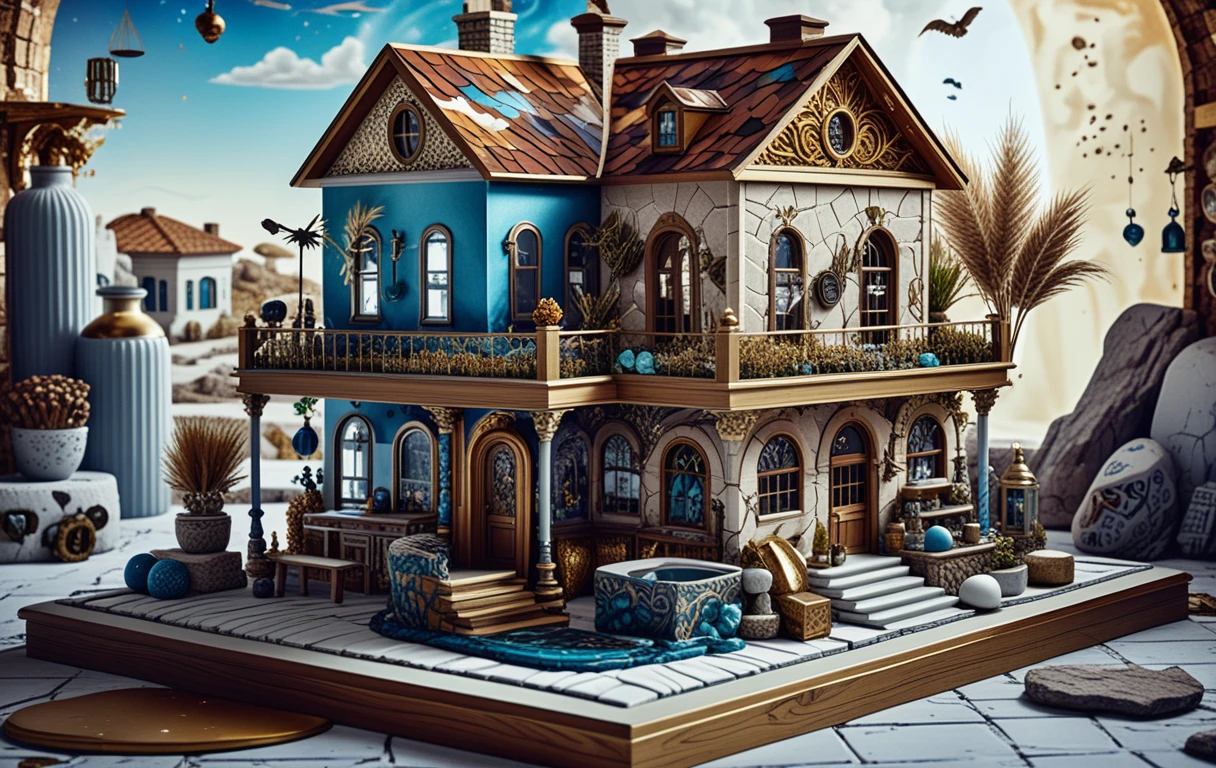 Casa em miniatura 3D isométrica em uma ilha flutuante de fantasia