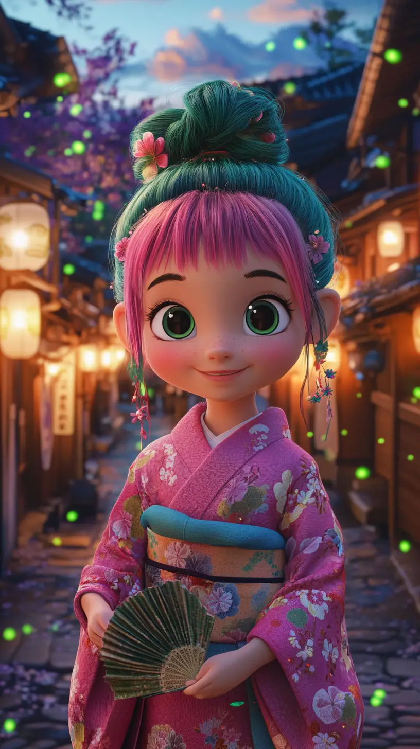 Fille d’anime aux cheveux roses en kimono dans une rue éclairée aux lanternes