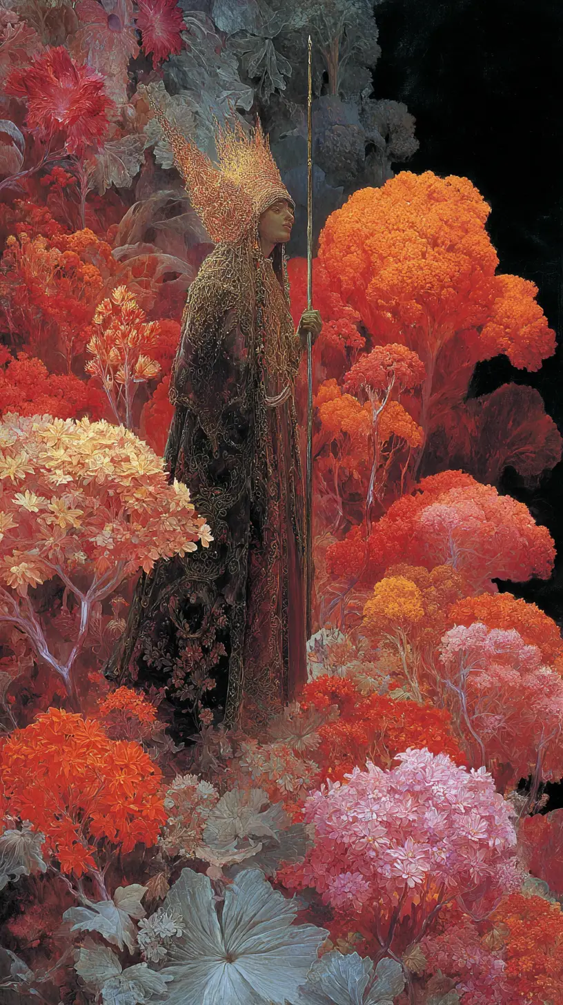 超現實奇幻森林與生物發光薩滿與花朵