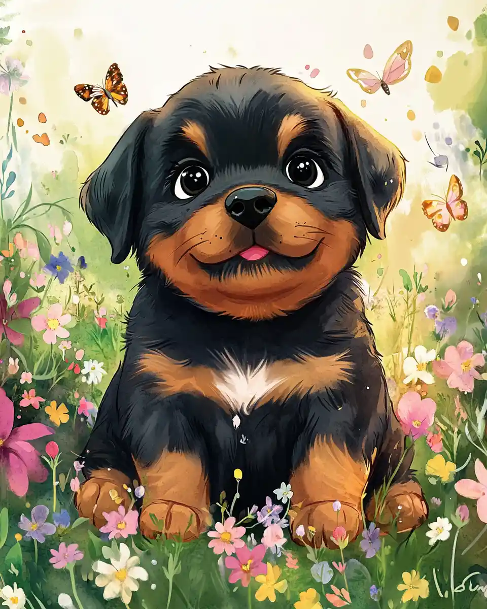 Chubby baby rottweiler puppy in a sunny flower meadow