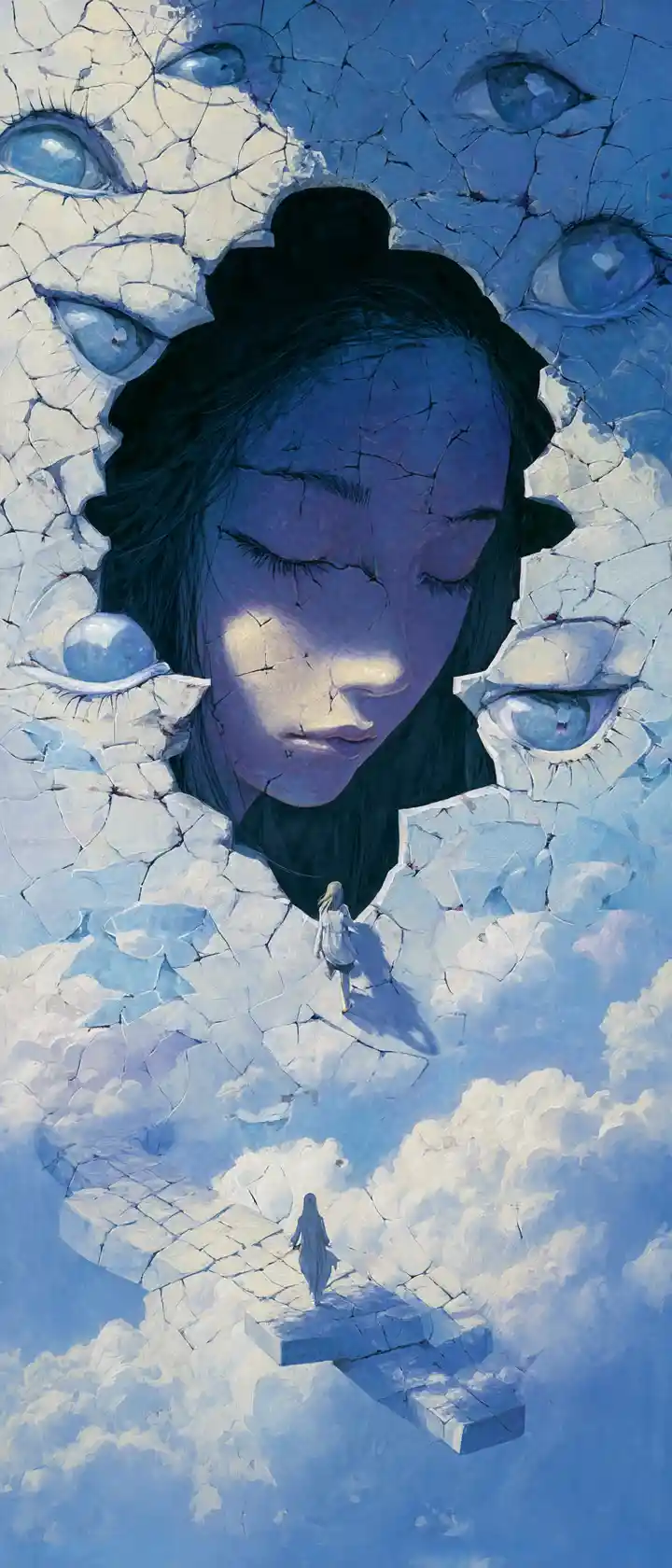 Woman floating among porcelain eyes in twilight sky
