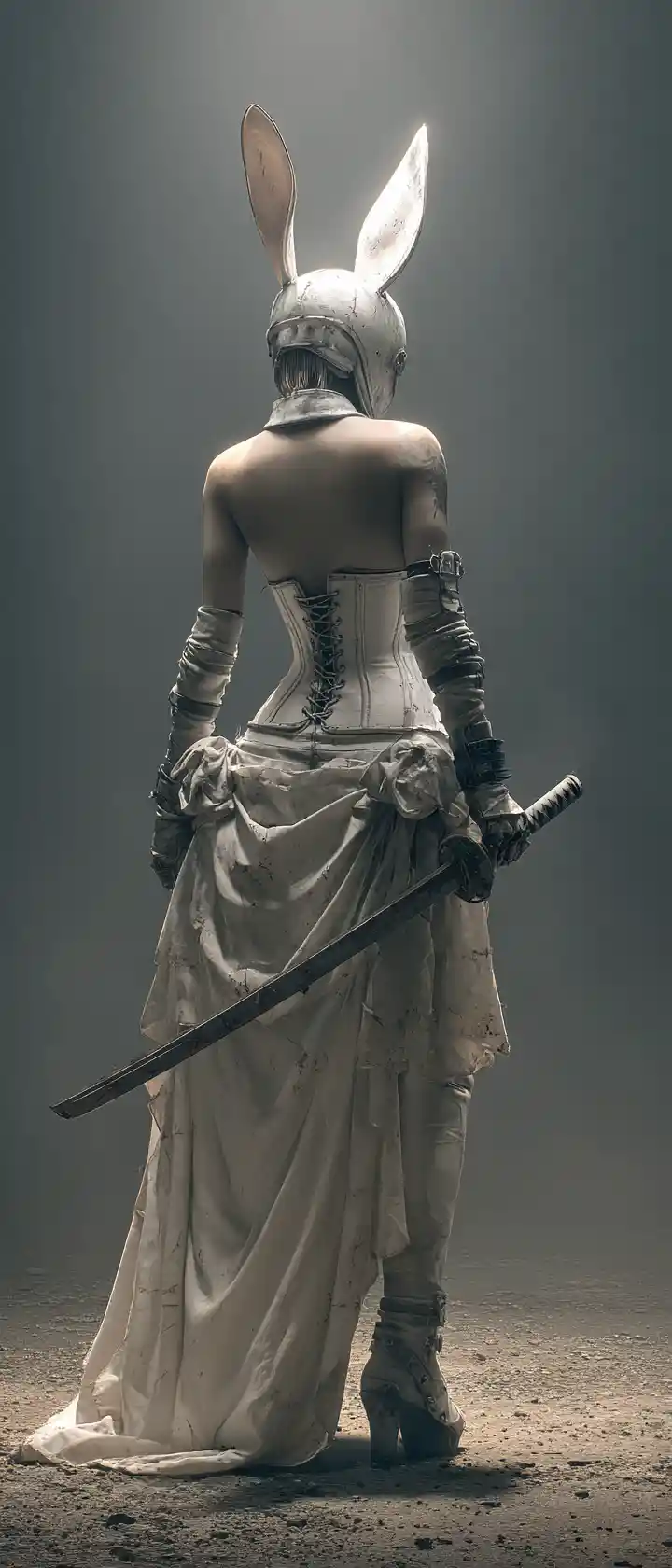 Retrofuturistic heroine in corset with rabbit mask