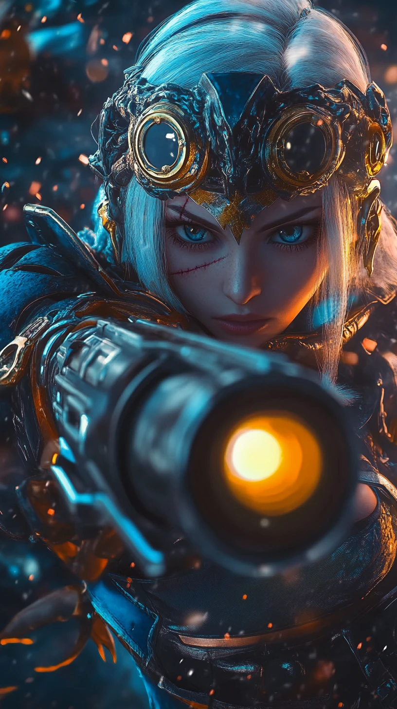 Scarred anime warrior woman with tattoos and blue armor