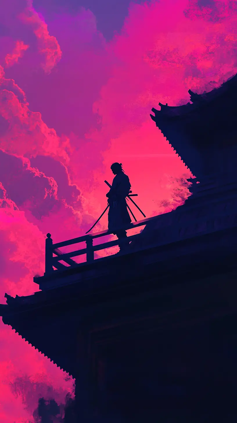 Einsamer Samurai auf einem Balkon bei farbenprächtigem Sonnenuntergang
