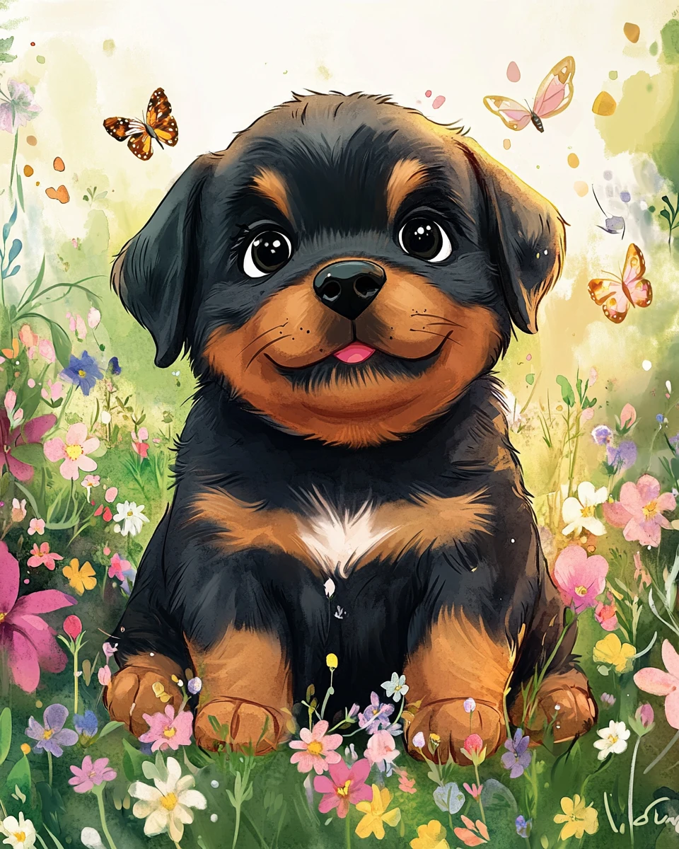 Chiot rottweiler potelé dans un pré fleuri ensoleillé