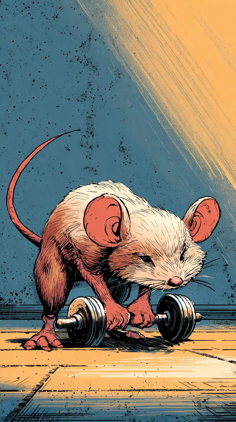 Determined Cartoon Mouse Lifting Weights In Tiny Gym