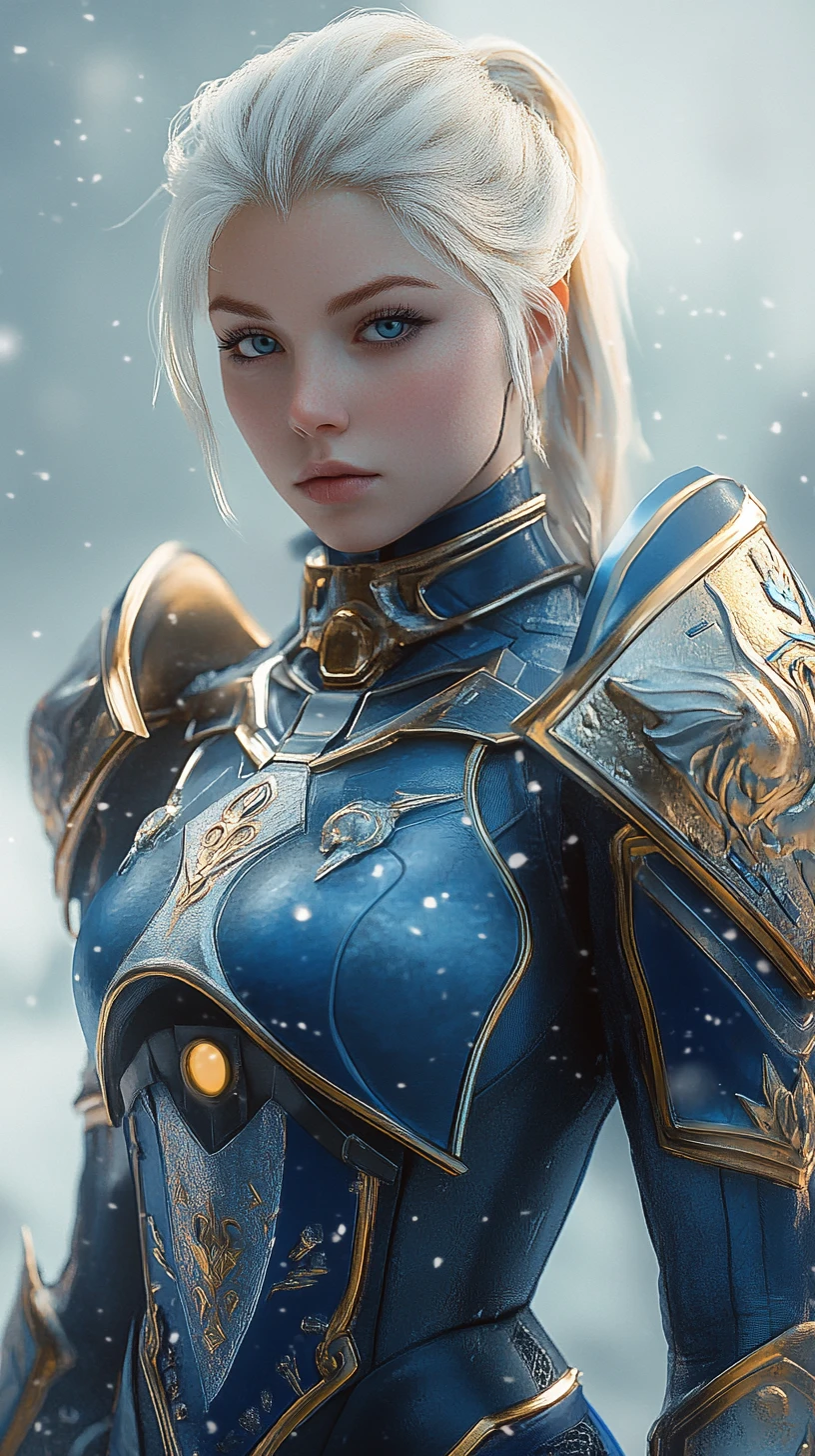 Blonde sci fi warrior woman in blue and gold armor