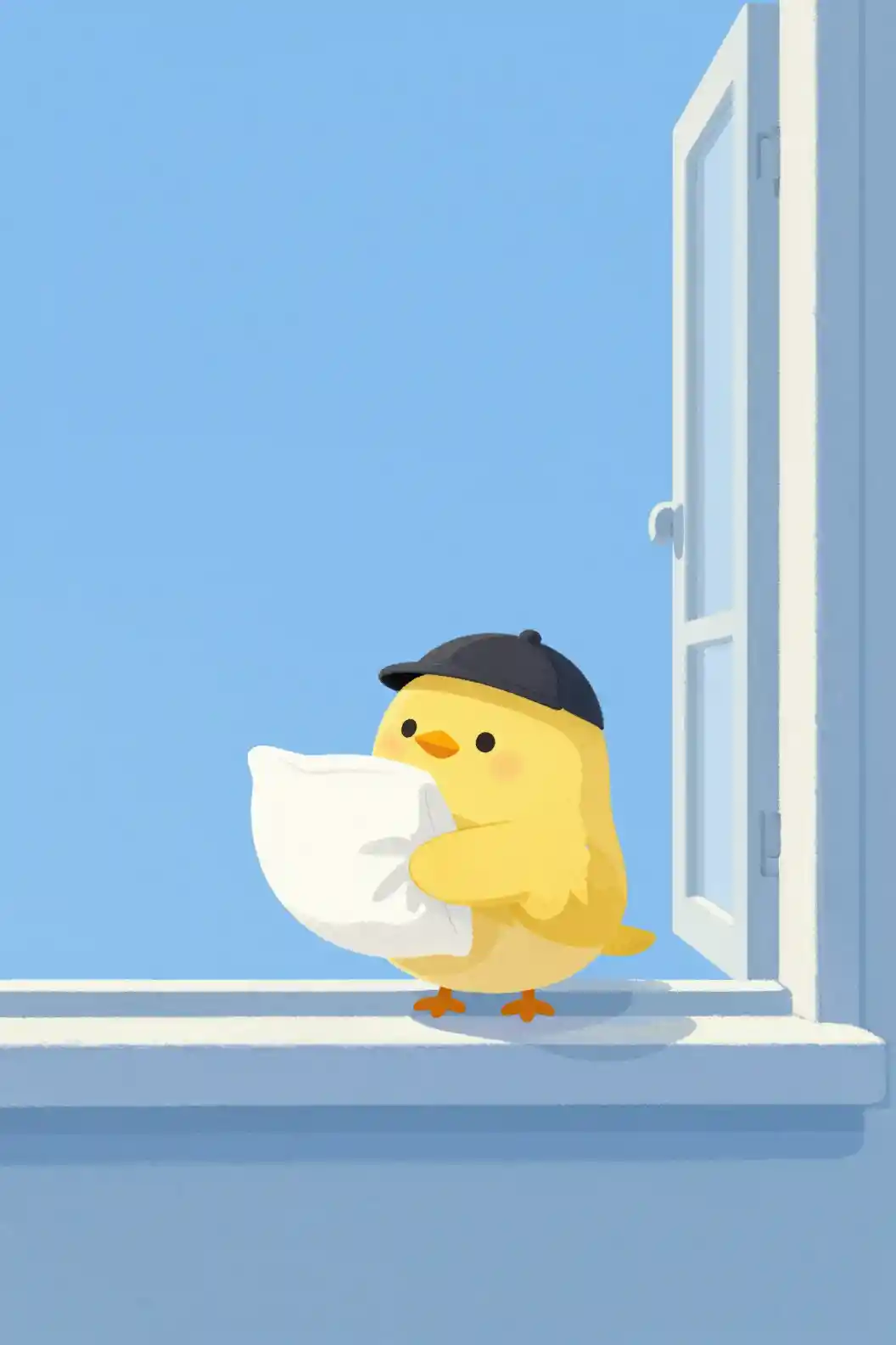 Cute cartoon bird with pillow on a quiet window sill