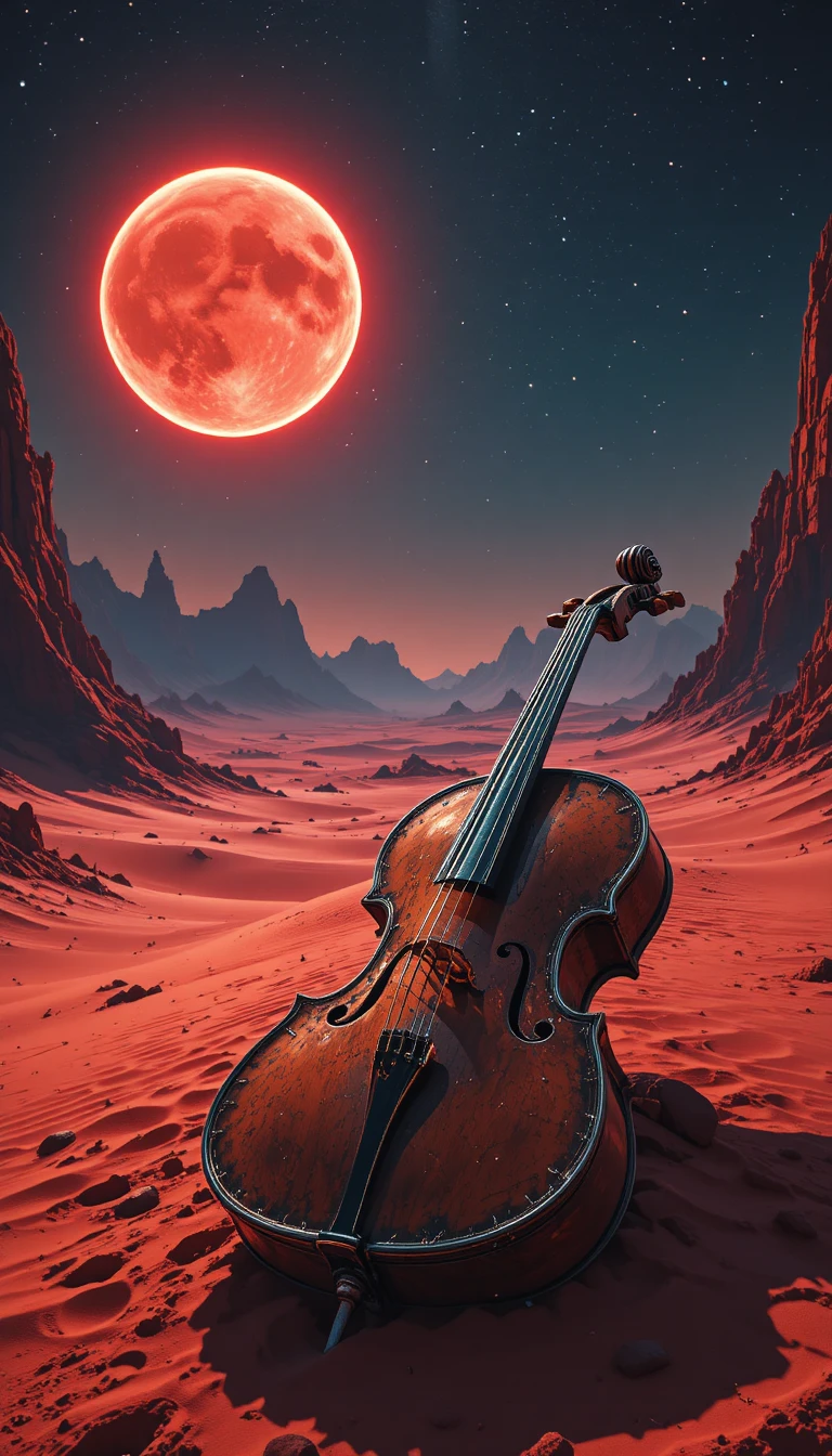 Ornate cello in crimson sand on alien desert world