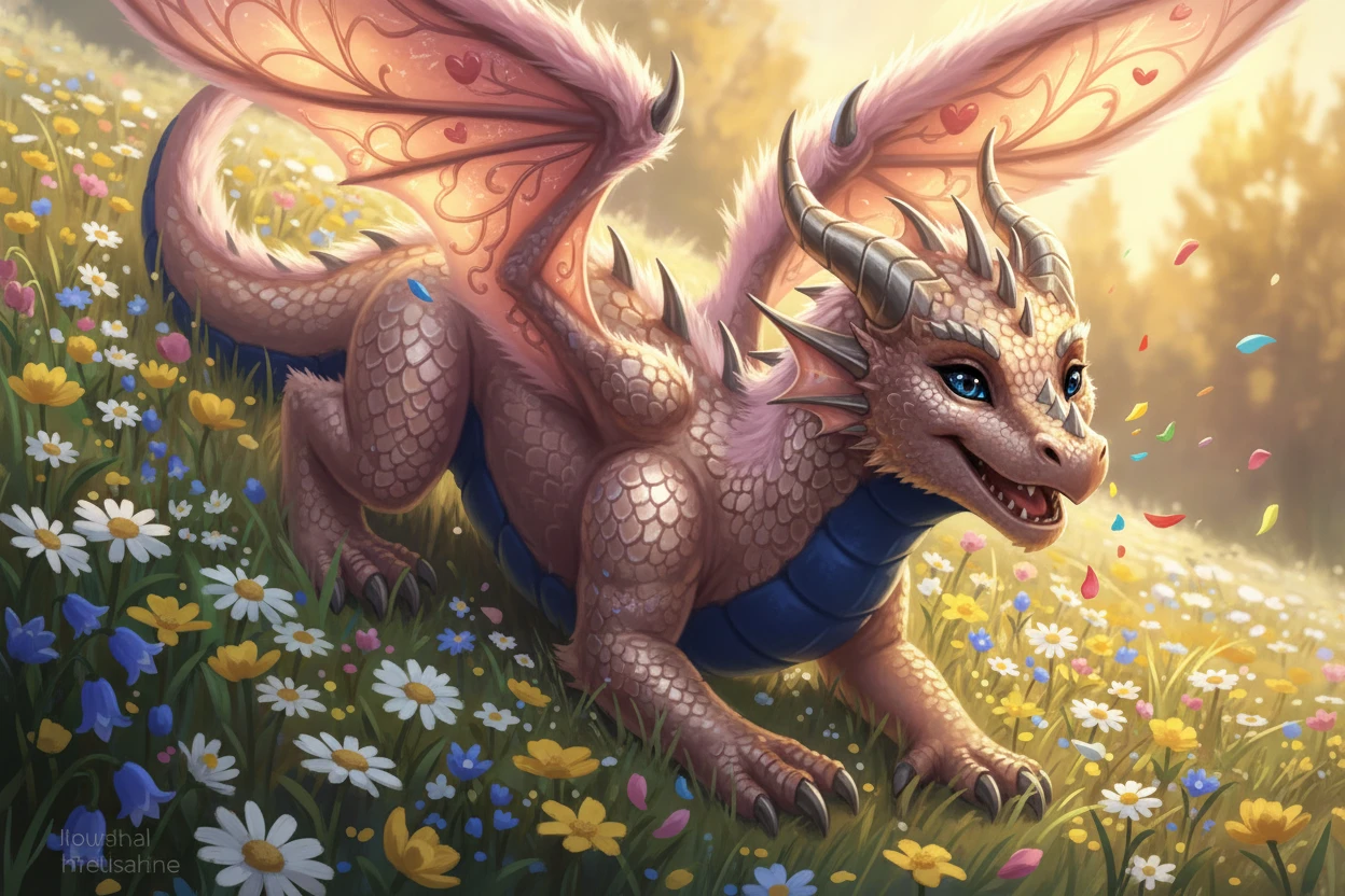 Joyful rose gold dragon rolling on a sunny flower hill