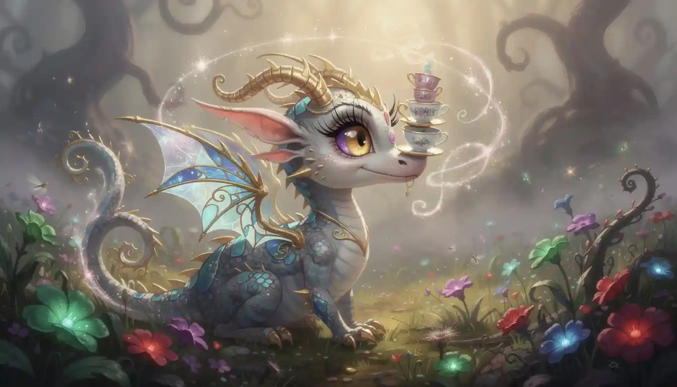 Whimsical baby dragon balancing enchanted teacups in meadow