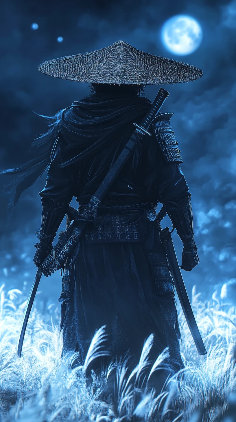 Samurai solitário na relva prateada sob um céu escuro de luar