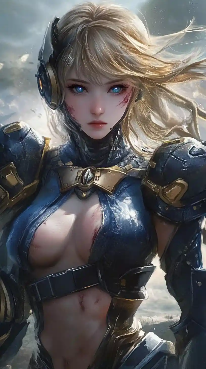 Scarred anime warrior woman in ornate fantasy armor