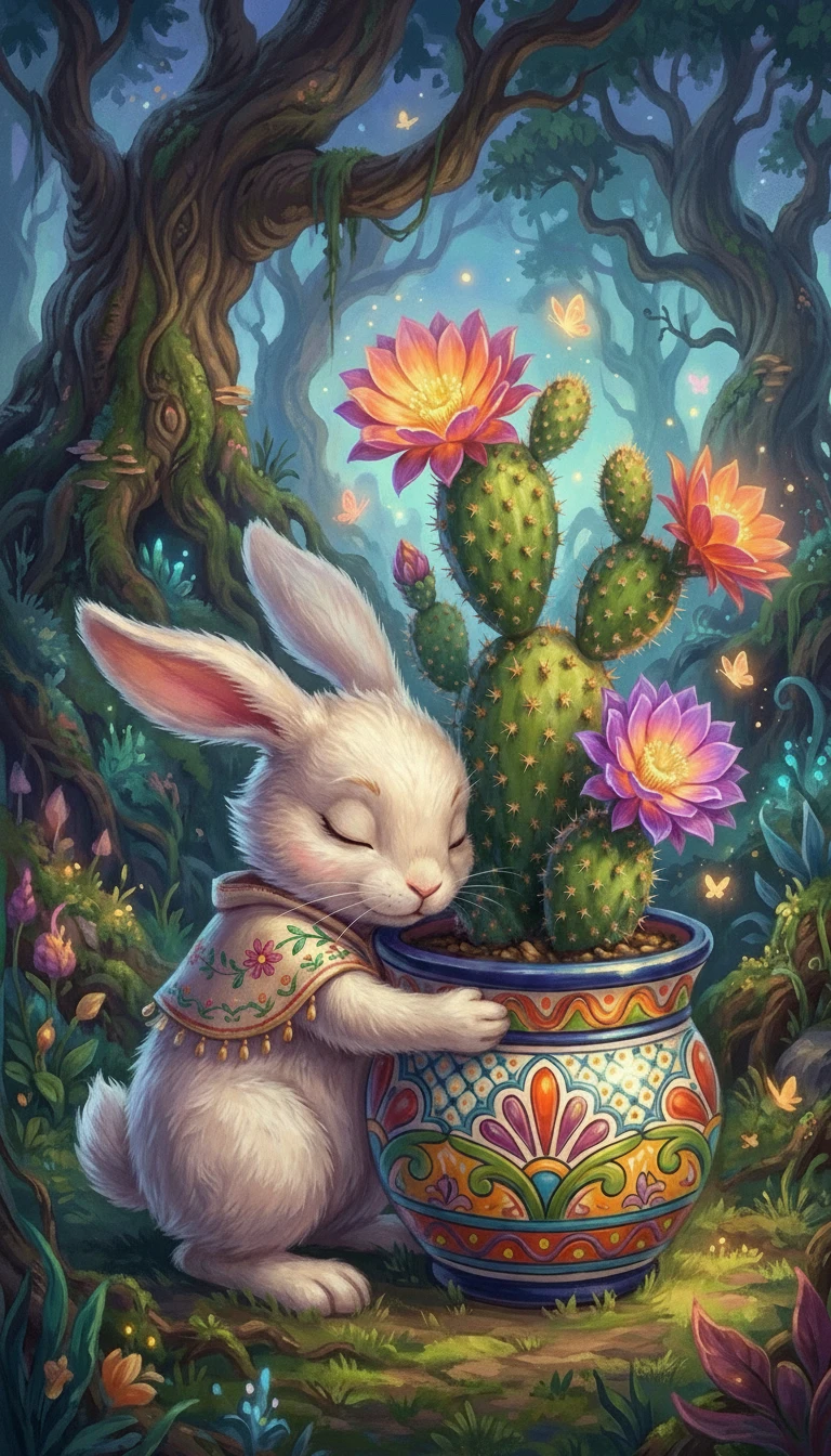 Anthropomorphic White Rabbit Hugging A Colorful Cactus Pot
