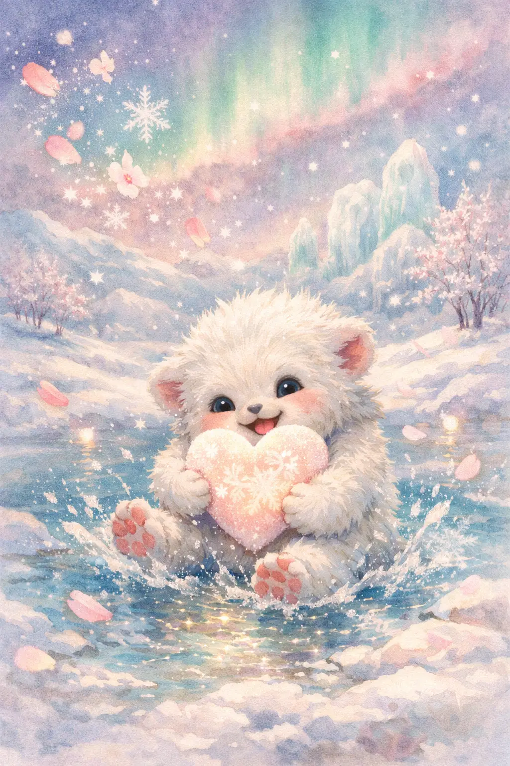 Dolce baby yeti che sguazza in una magica piscina di ghiaccio