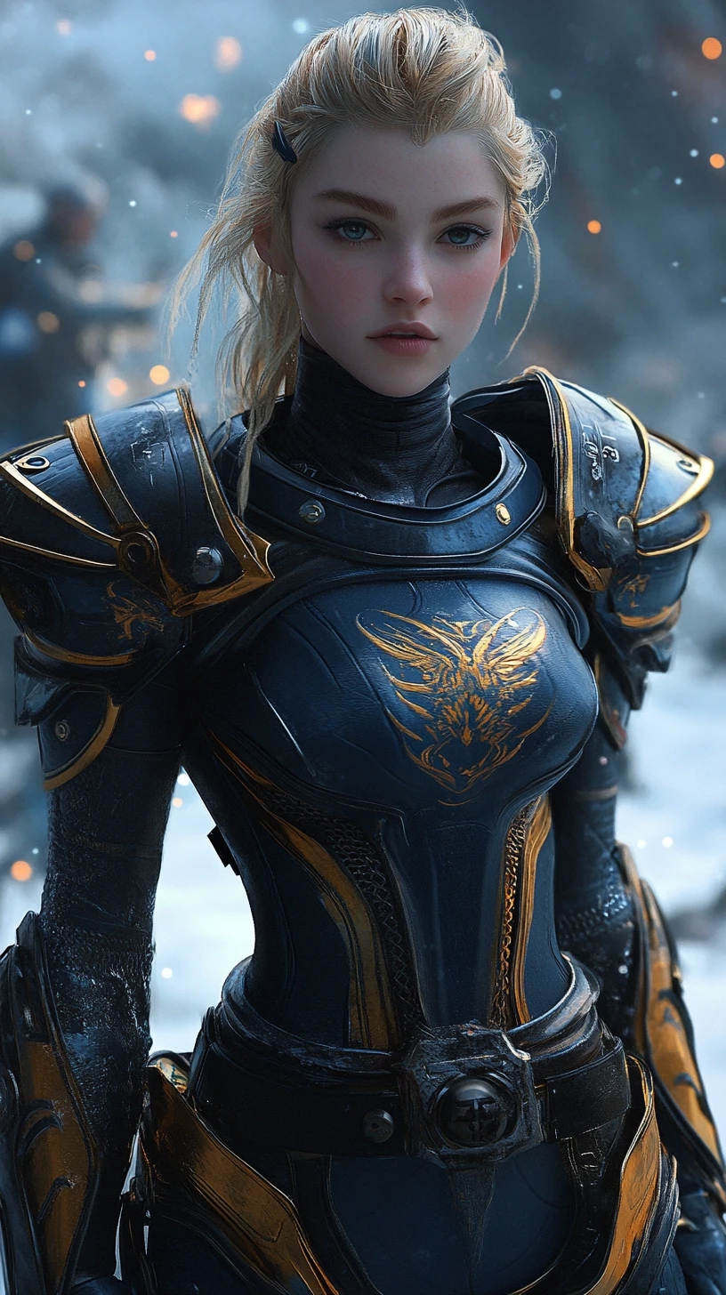 Guerriera bionda in armatura futuristica blu e oro