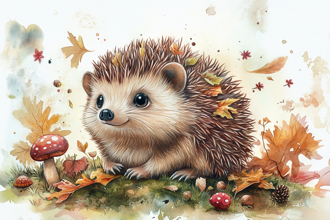 Aquarela de Ouriço-Bebê Fofo no Chão de Floresta Musgosa