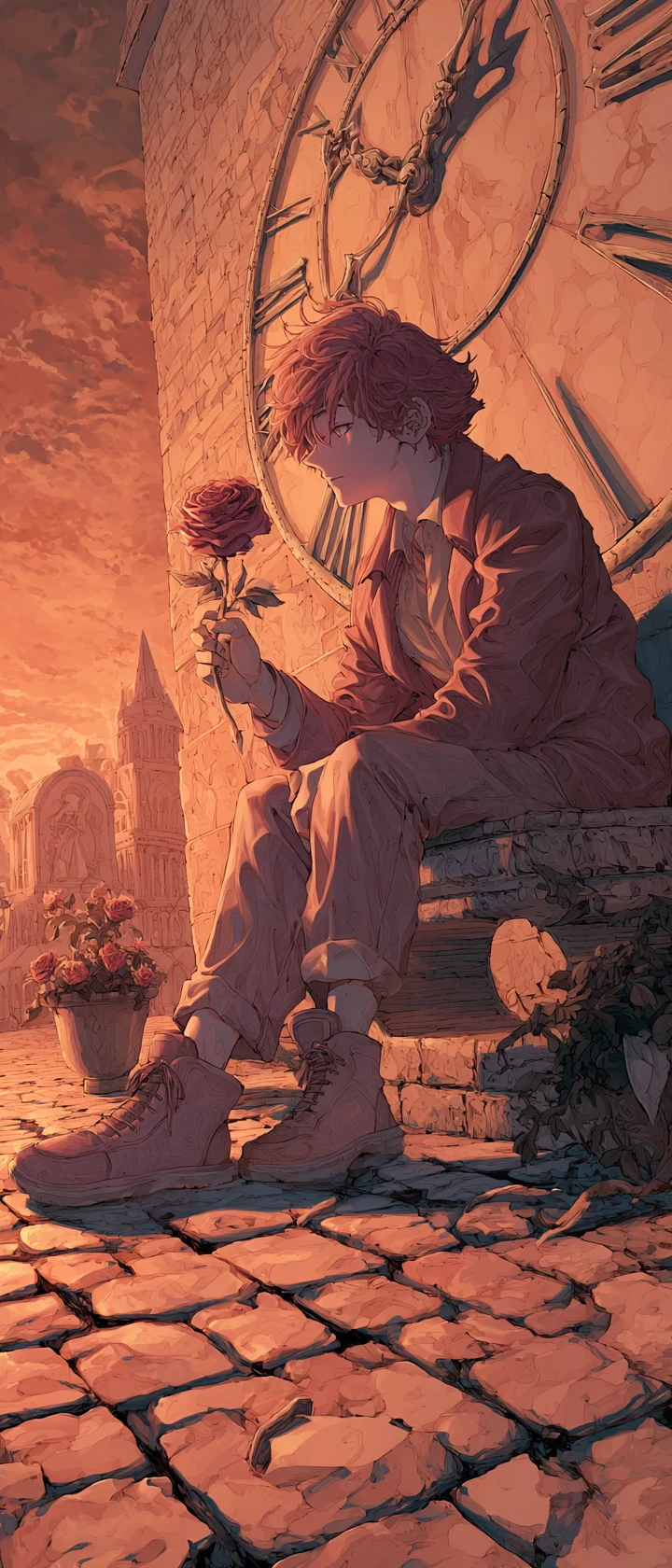 Homem de anime com máscara de relógio derretendo segurando uma rosa desbotando