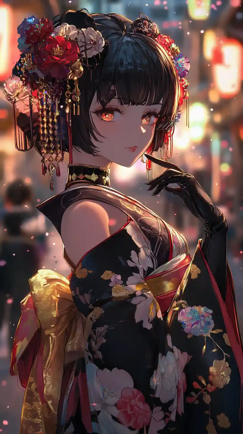 Heroína de anime tímida con kimono floral en una calle japonesa
