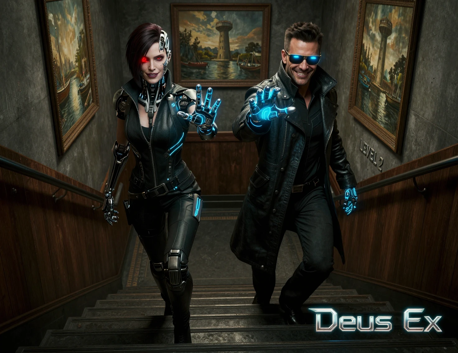 Mulher aumentada descendo escada industrial em interior cyberpunk