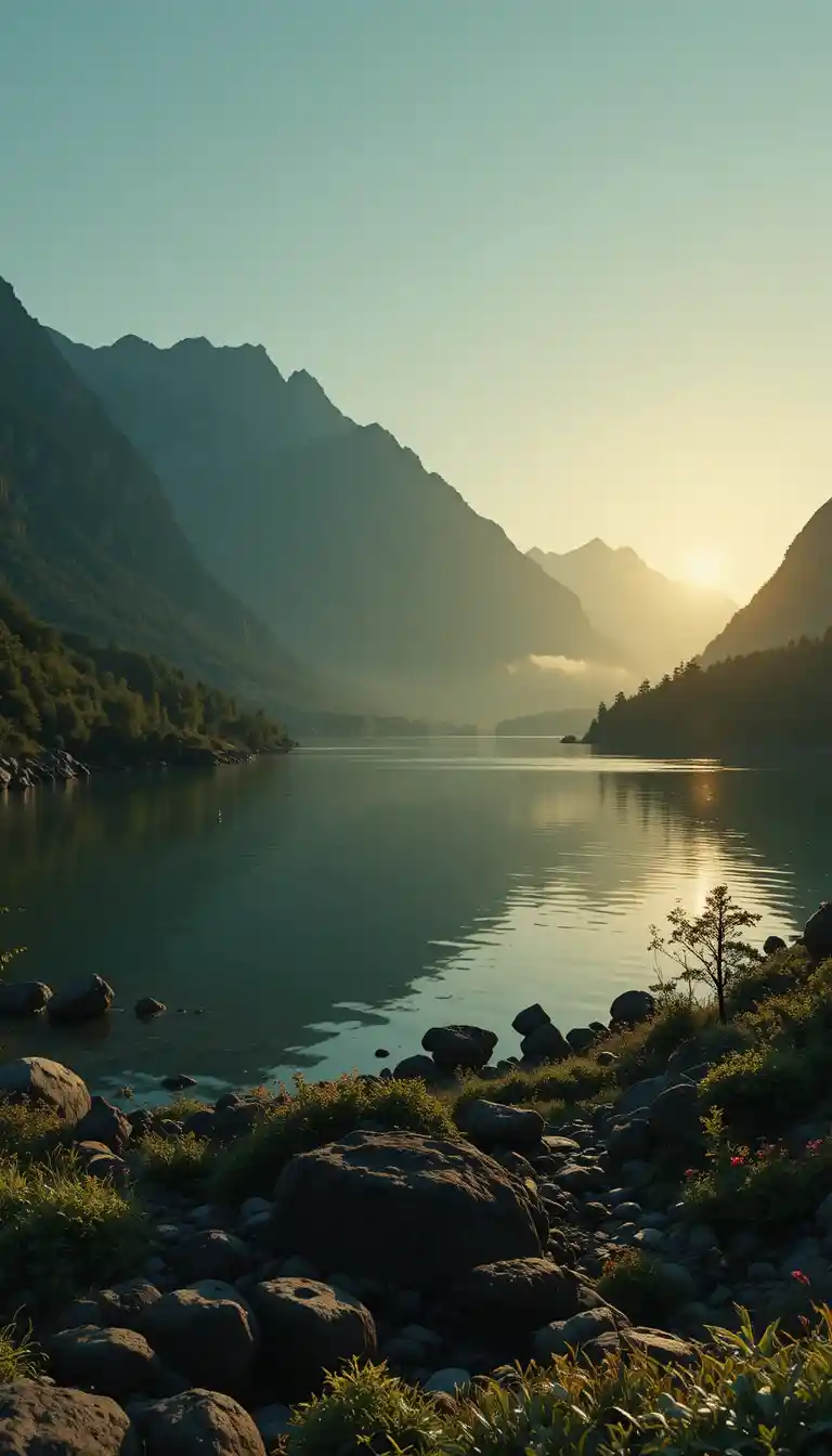 Serene mountain lake at sunrise with dramatic romantic mood