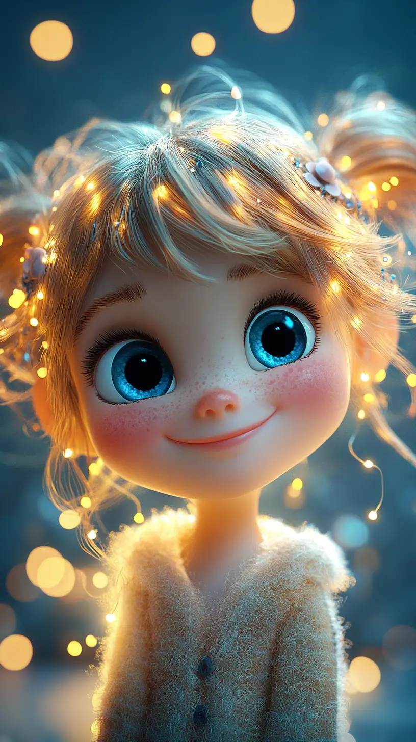 Ragazza animata sorridente con lucine fatate luminose