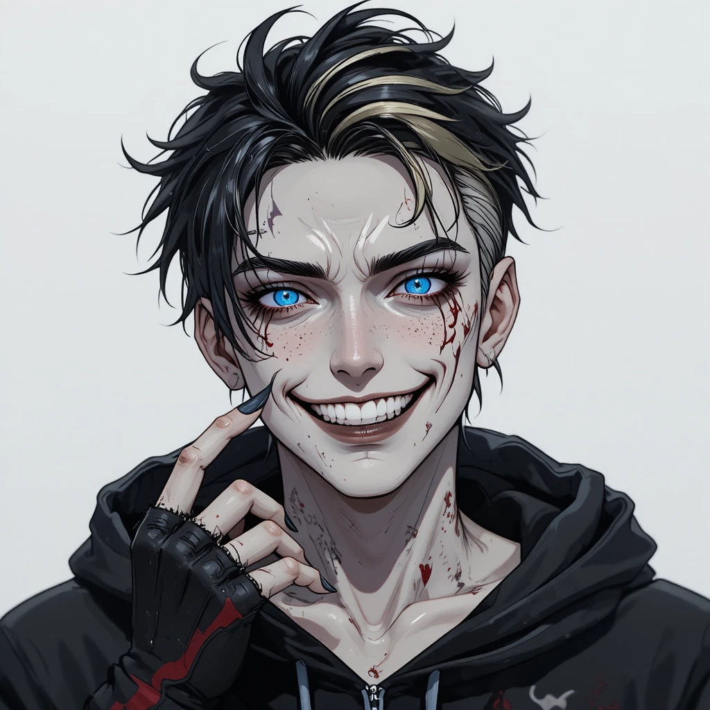 Homem de anime com cicatrizes e olhos azuis hipnóticos sorrindo de forma selvagem